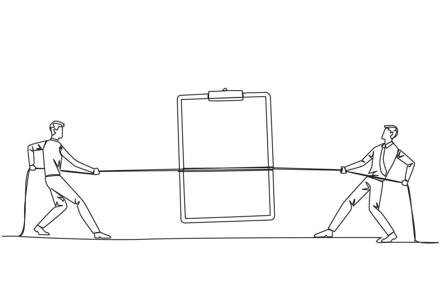 Single continuous line drawing two businessmen fighting over a clipboard. Fight to be the first to complete the report. Healthy competition. Company profits. One line design illustration vector