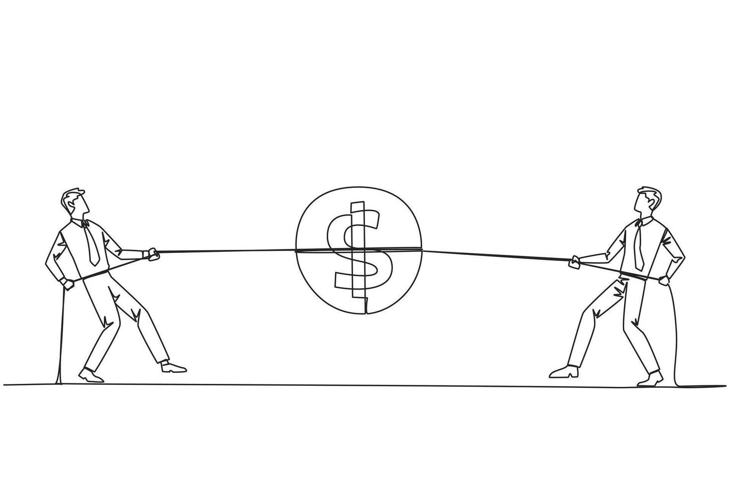 Single one line drawing two businessmen fighting over a coin with a dollar symbol. Compete for the slightest profit. For a better business life. Bonuses. Continuous line design graphic illustration vector