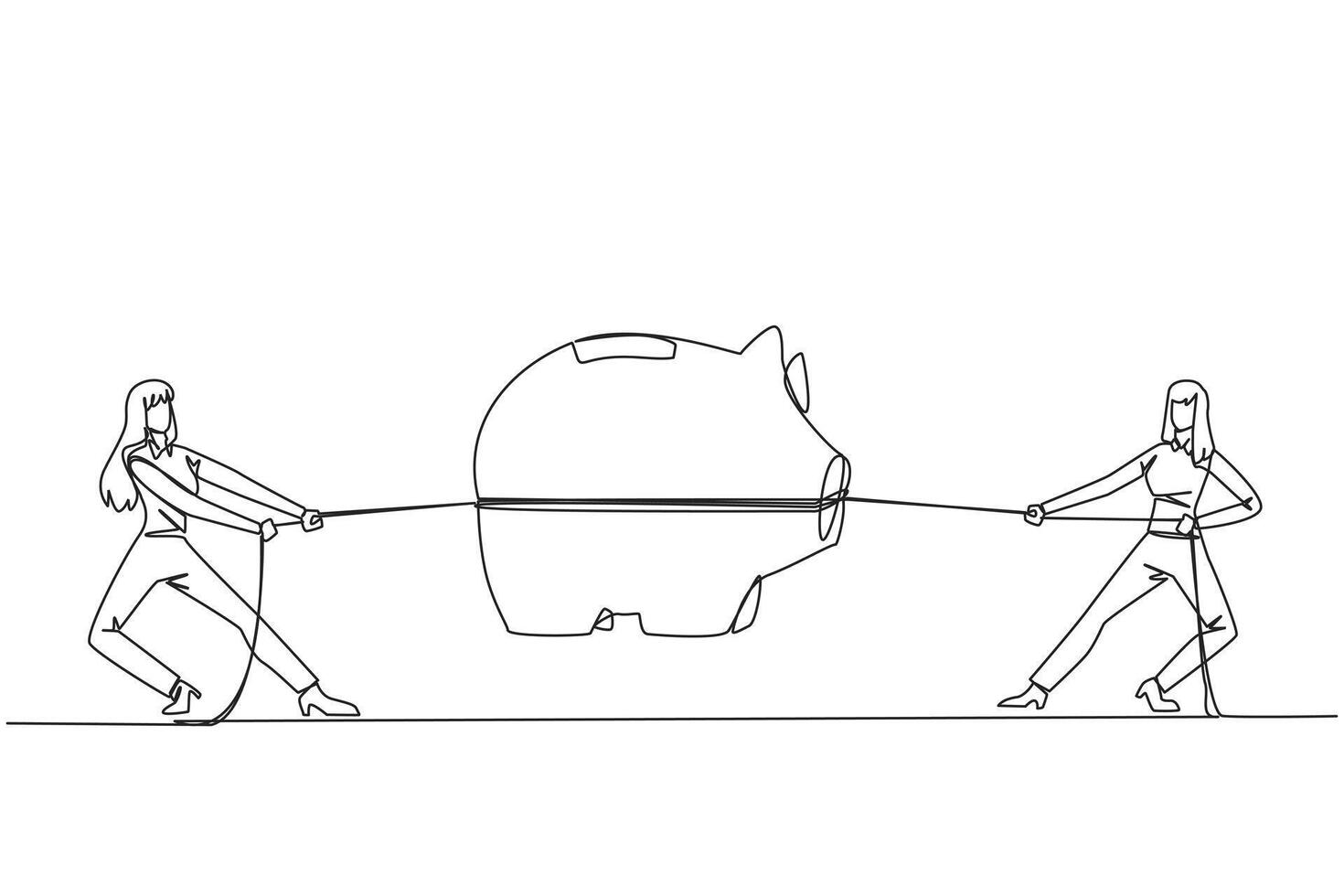 Continuous one line drawing two businesswomen fighting over a piggy bank. Competition for investment. Save penny by penny for comfortable retirement life. Single line draw design illustration vector