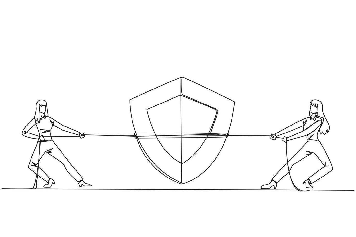 Single continuous line drawing two businesswomen fighting over shield. Compete to protect. Maintain multi-layered data security. Website security administrator. One line design illustration vector