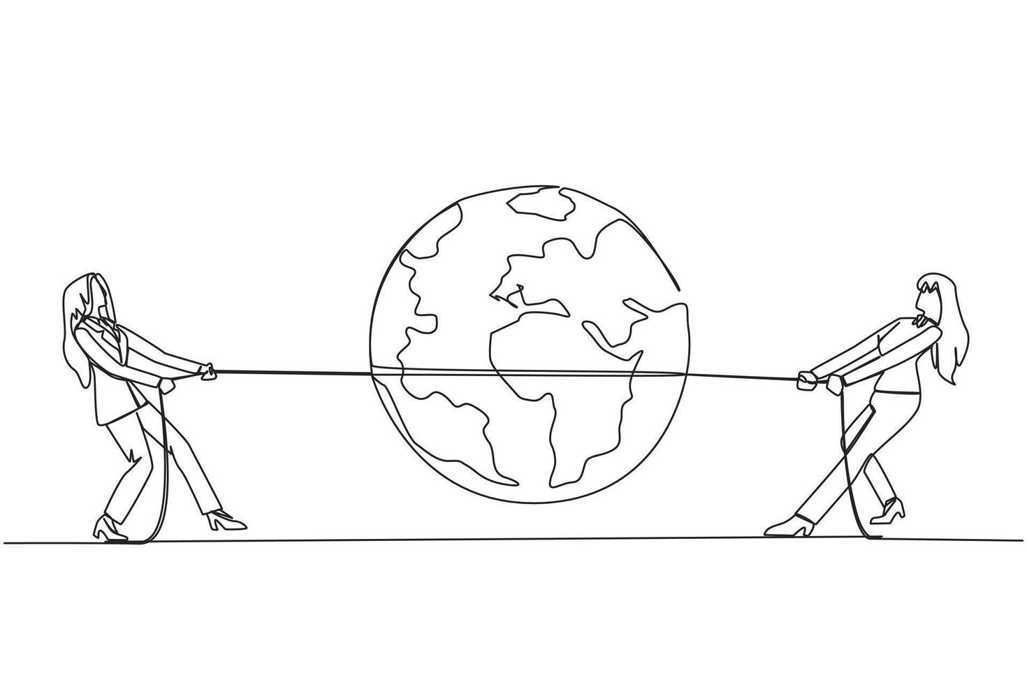 Continuous one line drawing two businesswomen fighting over globe. Fighting over strategic locations. The fighting to open new business branch. Profitable. Single line draw design illustration vector
