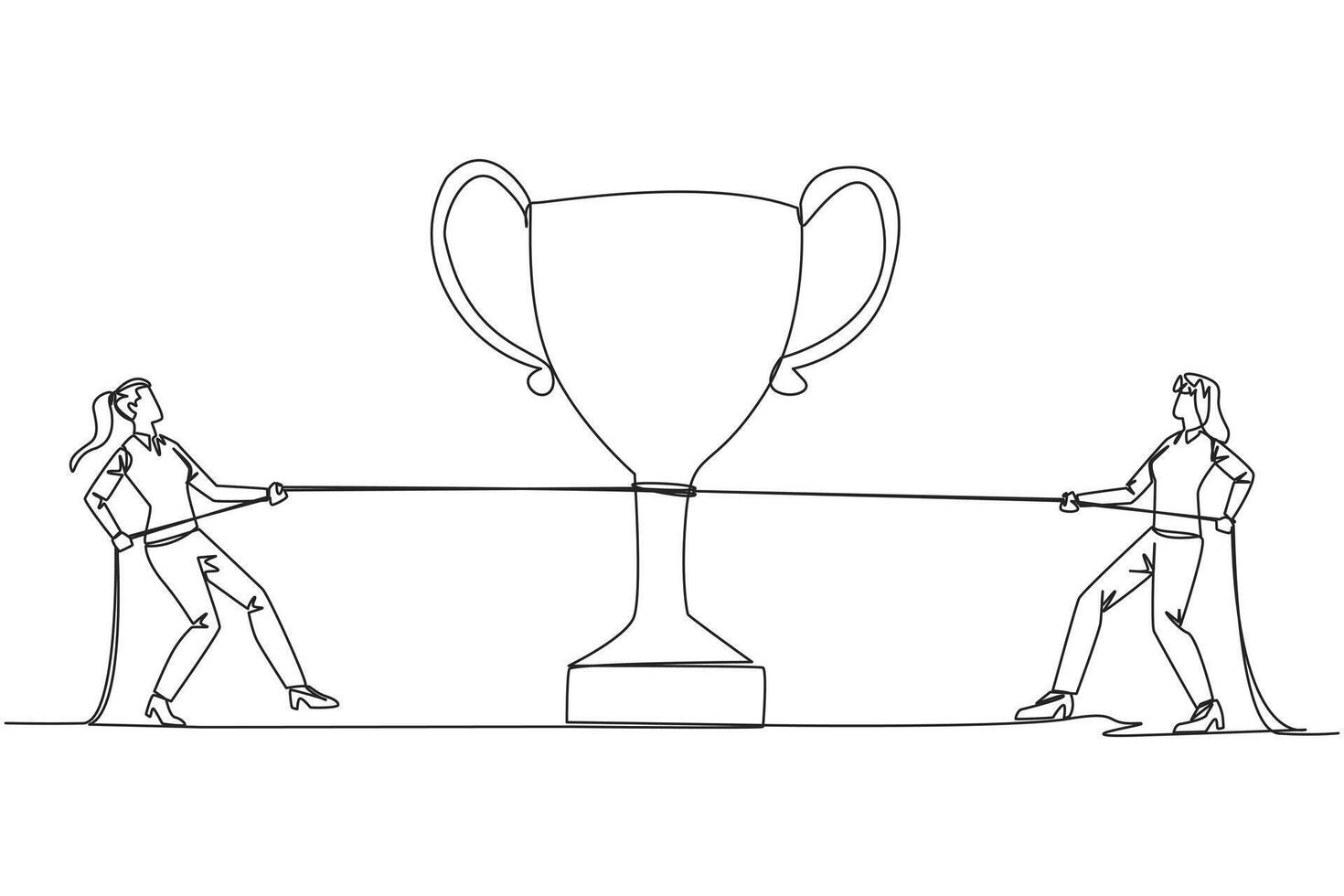 Single one line drawing two businesswomen fighting for a trophy. Strive to be a winner. Hard struggle to become a winner. Against the great businesswoman. Continuous line design graphic illustration vector