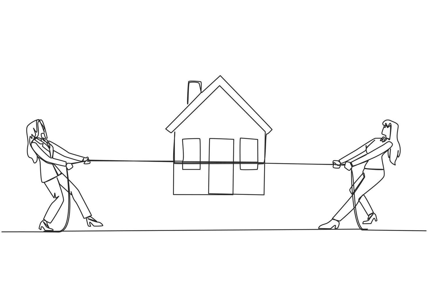 Continuous one line drawing two businesswomen fight over miniature house. Compete to get decent life in retirement. The most comfortable place. Investment. Single line draw design illustration vector
