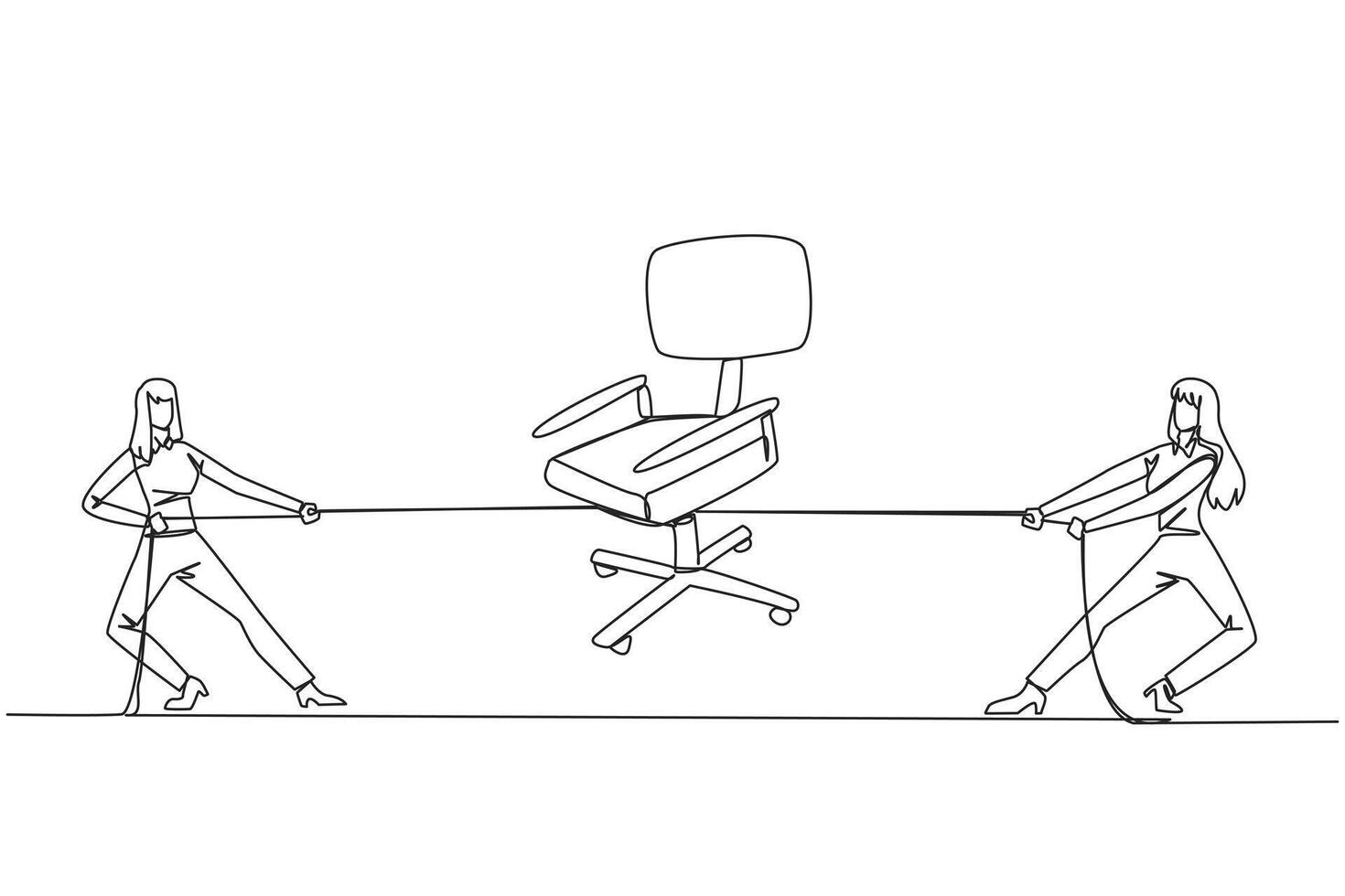 Continuous one line drawing two businesswomen fighting over office chair. Competition for worthy positions in the company. Fight for power. Personal gain. Single line draw design illustration vector