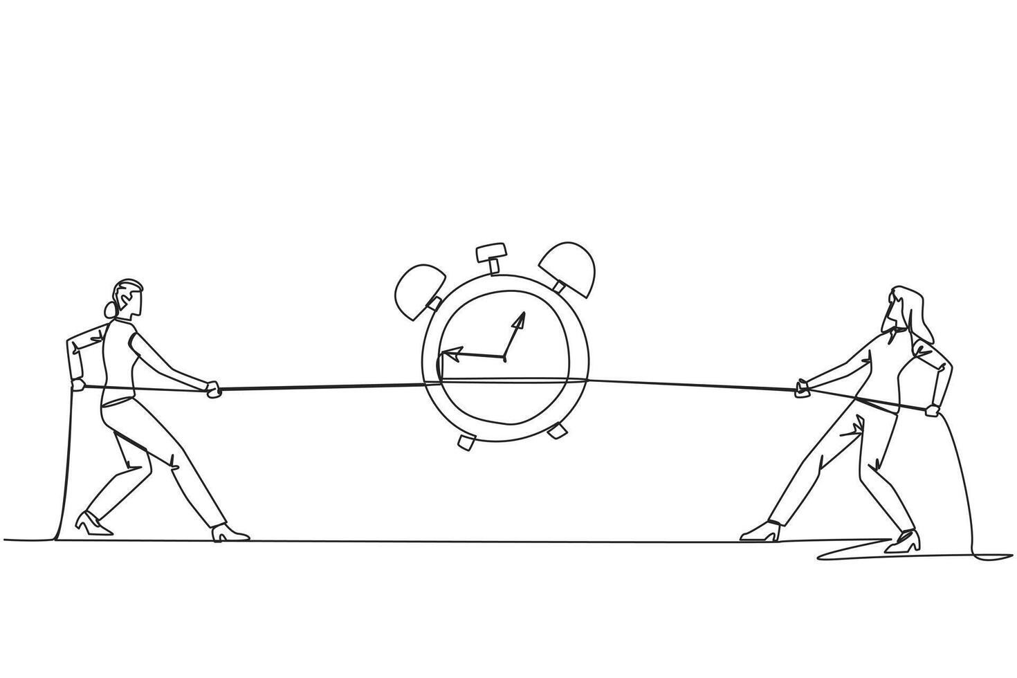Single continuous line drawing two businesswomen fighting over an alarm clock. Competition to get rare antique clocks. Put in all the best efforts. Battle. Versus. One line design illustration vector