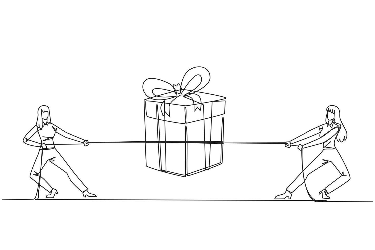 Single continuous line drawing two businesswomen fighting over a gift box. Trying to get each other bonuses. Bonus for each other's hard work. Work smarter than before. One line illustration vector