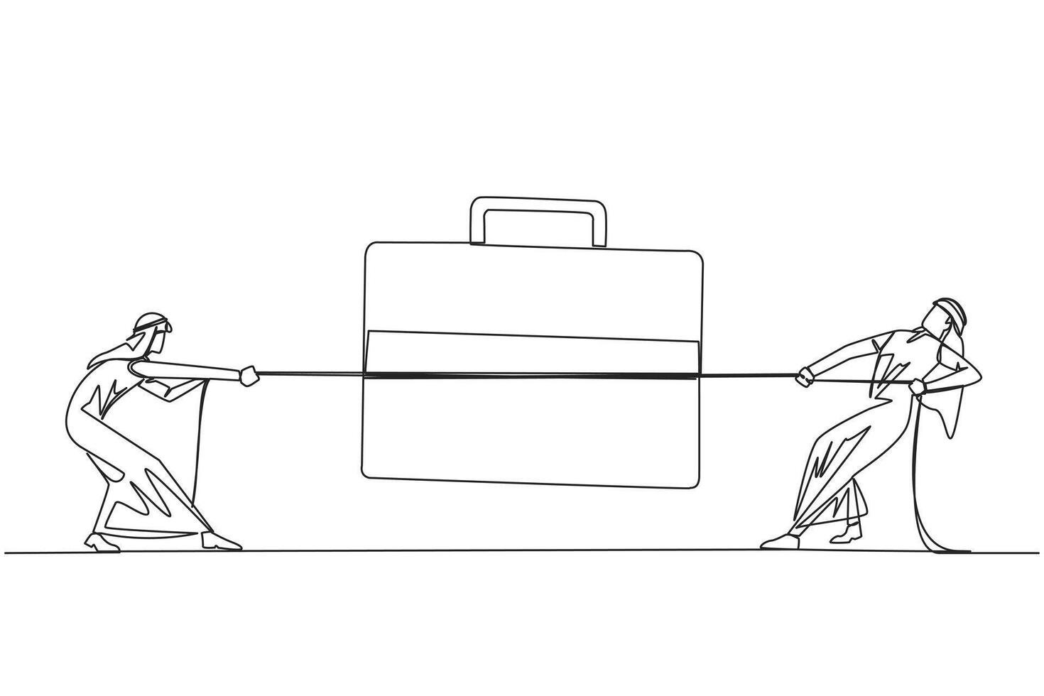 Single continuous line drawing two Arabian businessmen fighting over briefcase. Compete to be the best marketer to market new products. Expand the new business. One line design illustration vector