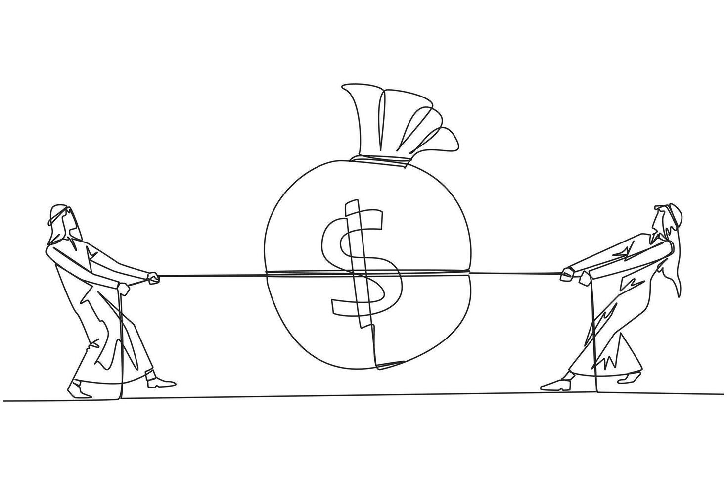 Continuous one line drawing two Arabian businessmen fighting over a money bag. Compete to get as much profit as possible. Greed of entrepreneurs. Unethical. Single line draw design illustration vector