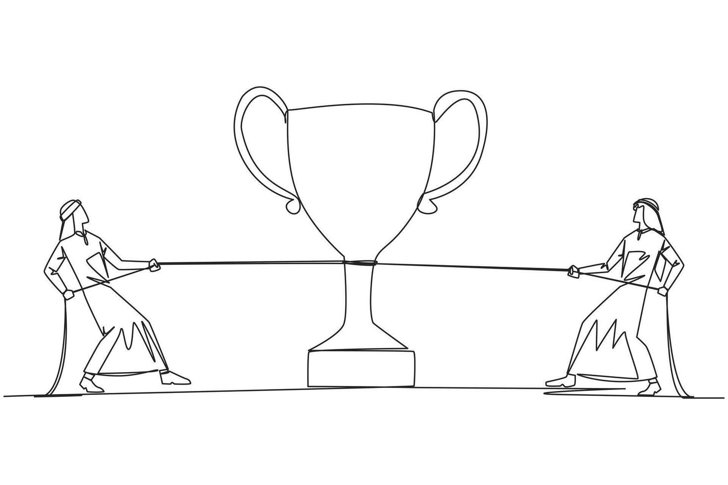 Single one line drawing two Arabian businessmen fighting for the trophy. Fighting against the hypocritical coworkers. Want to control everything. Greedy. Continuous line design graphic illustration vector
