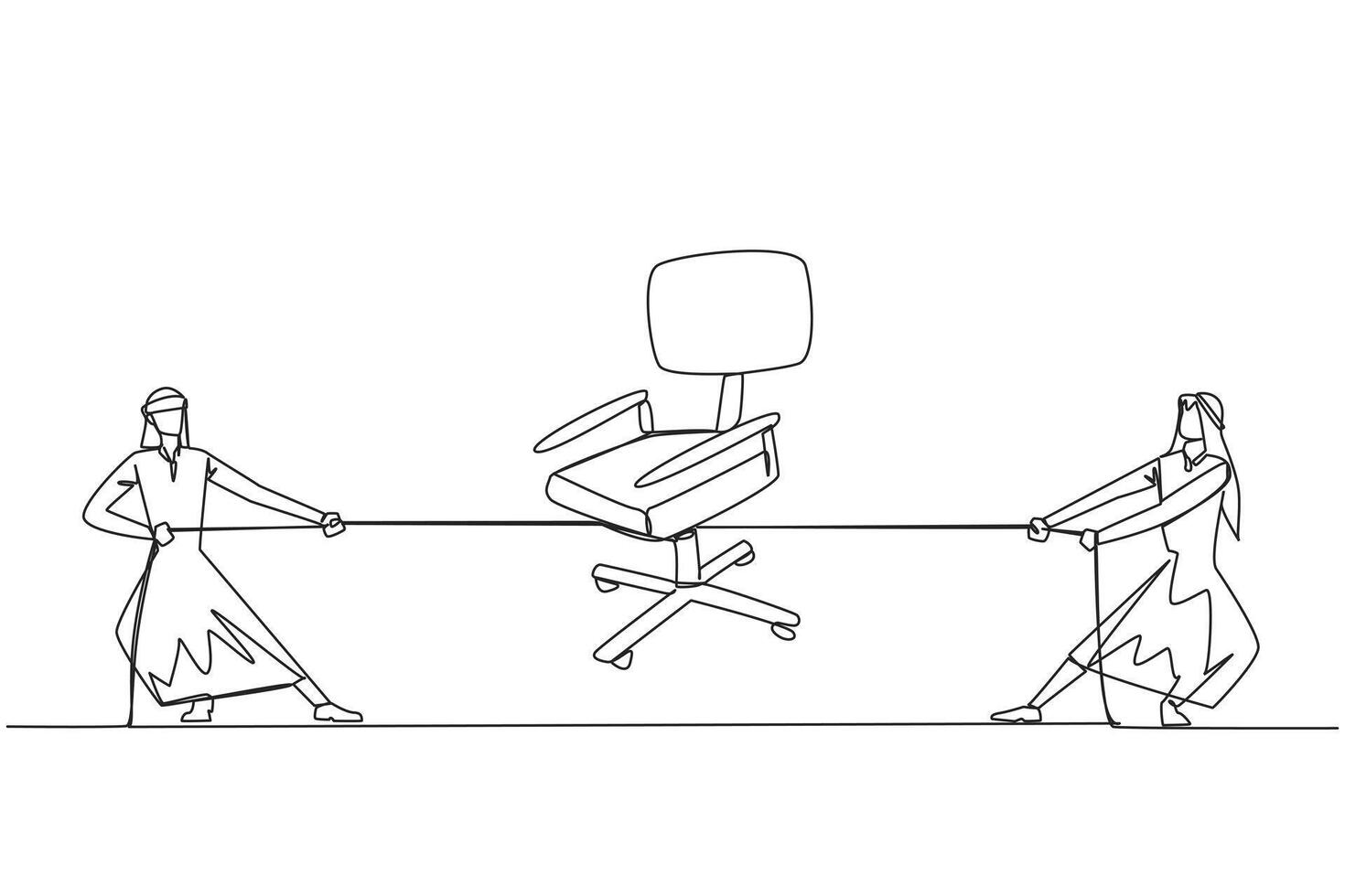 Continuous one line drawing two Arabian businessmen fighting over an office chair. The struggle for the most comfortable position in the office. Work hard. Single line draw design illustration vector