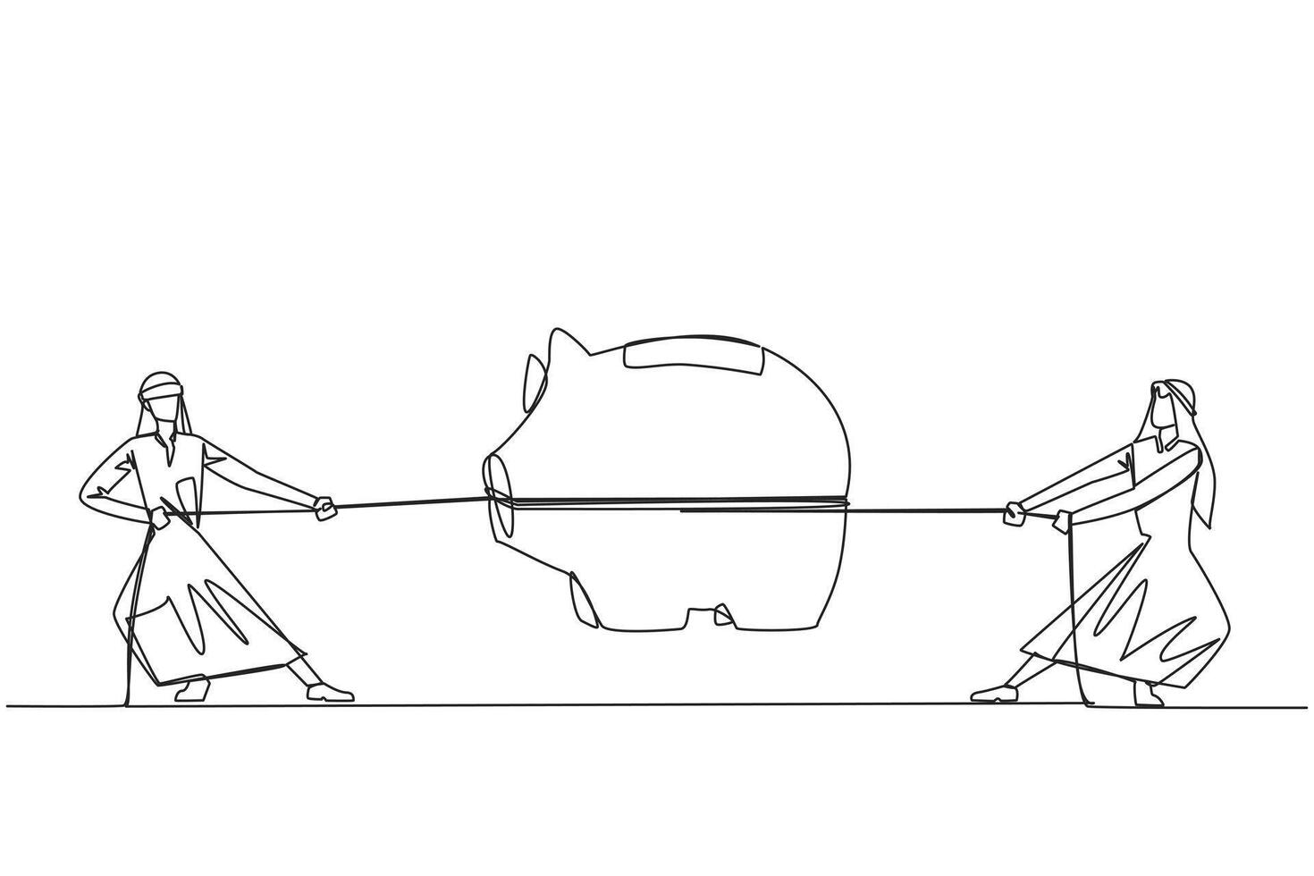 Single one line drawing two Arabian businessmen fighting over a piggy bank. Fighting each other for investment. Rely on muscle to become a winner. Struggle. Continuous line design graphic illustration vector
