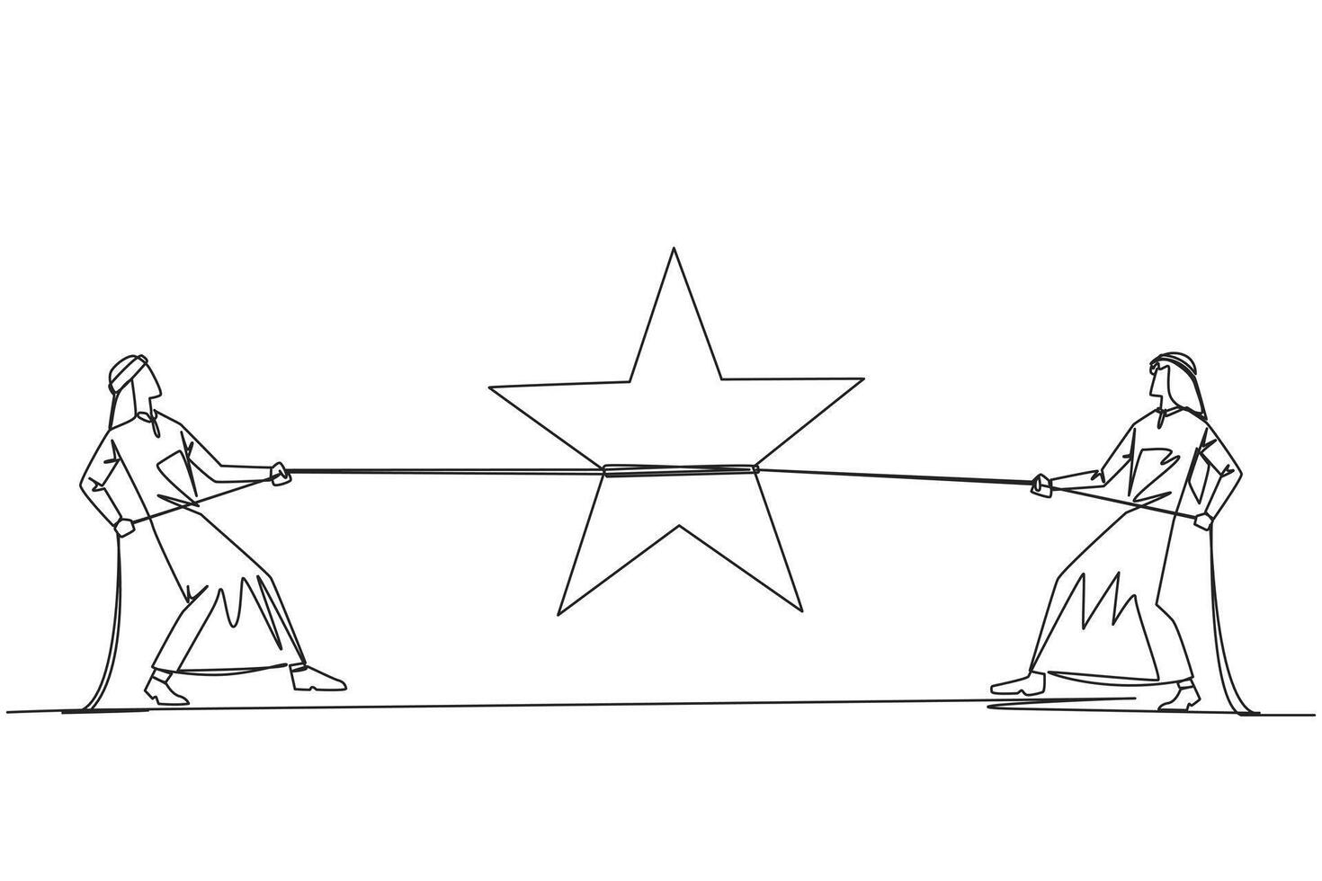 Continuous one line drawing two Arabian businessmen fighting for a star. Compete to get stars. Best rating. Get maximum ranking. Dream comes true. Winner. Single line draw design illustration vector