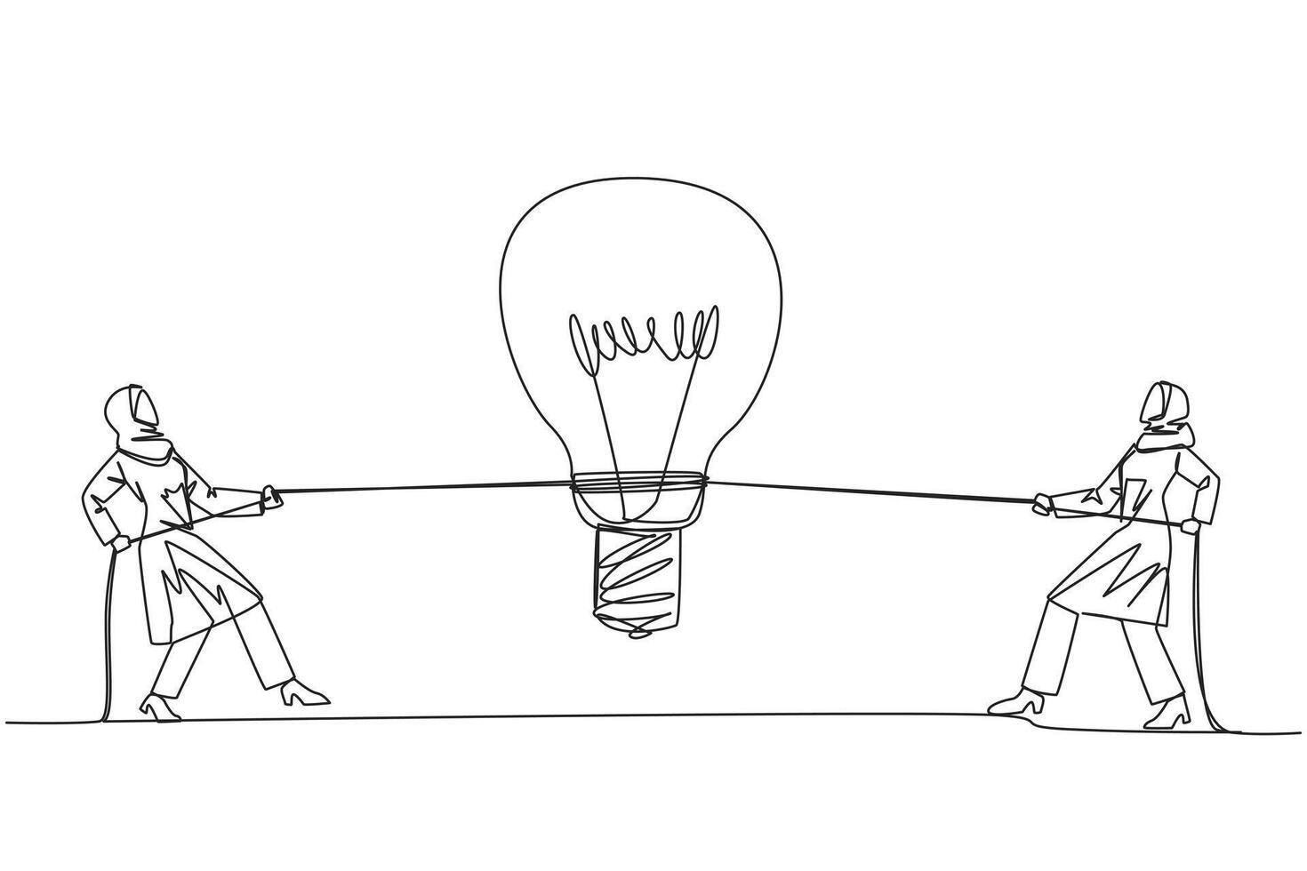 Continuous one line drawing two Arabian businessmen fighting over a lightbulb. Compete to find solutions. Looking for the best way out to gain profits. Single line draw design illustration vector