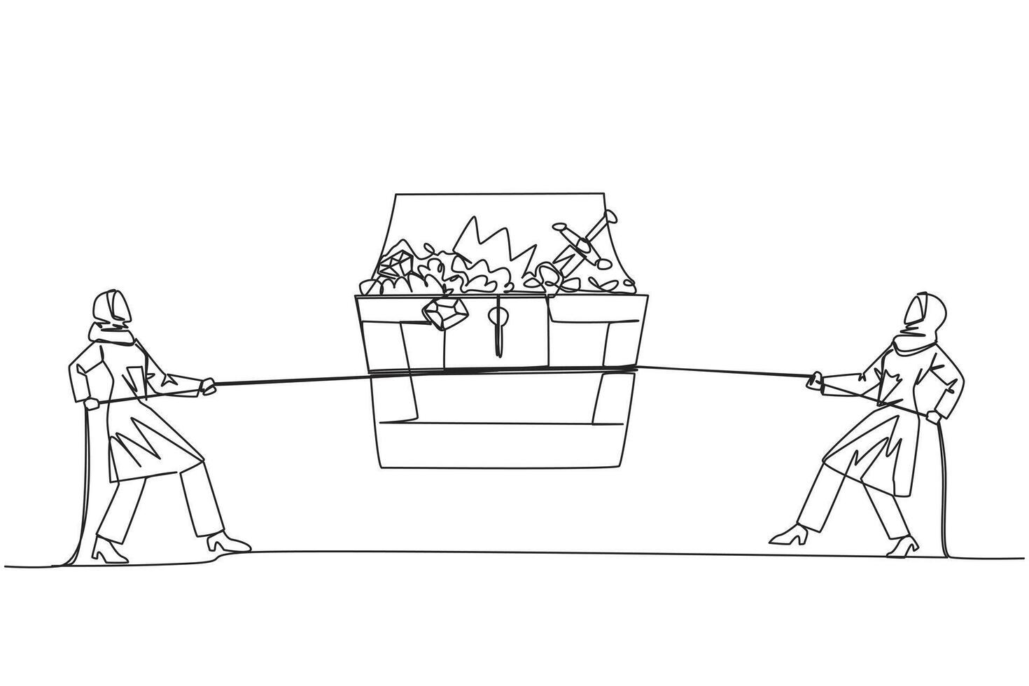 Single continuous line drawing two Arabian businesswomen fight over an open treasure chest. The battle of two greedy businesswomen. Want to control everything. One line design illustration vector