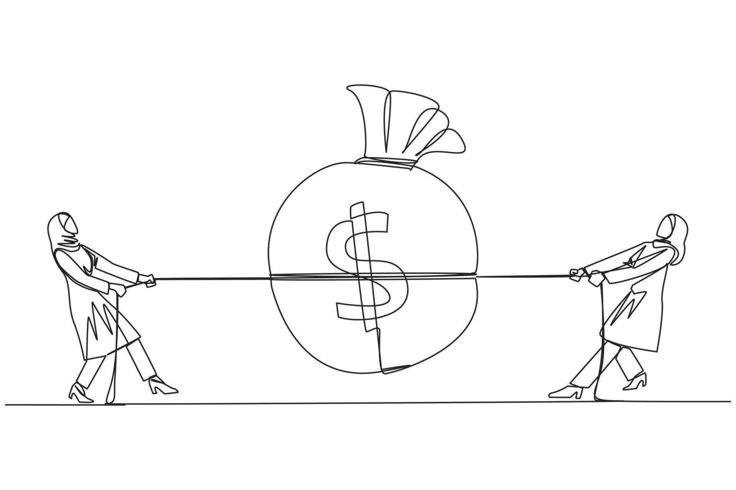 Single one line drawing two greedy Arabian businesswomen fighting over a money bag. Compete to get as much profit as possible. Market price destroyer. Continuous line design graphic illustration vector