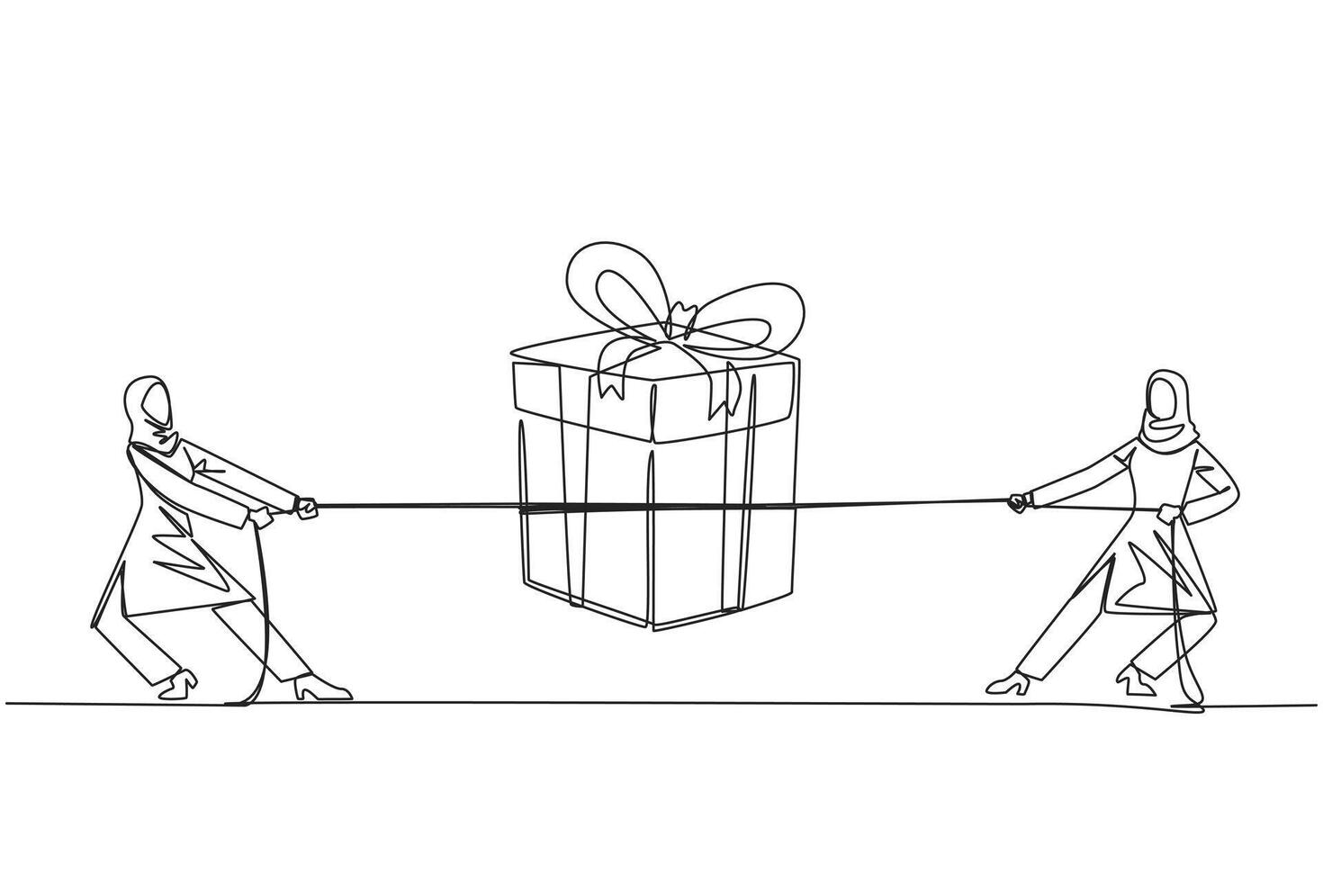 Continuous one line drawing two Arabian businesswomen fighting over a gift box. Fight to be the best. Winning bonuses. Career achievements to earn bonuses. Single line draw design illustration vector