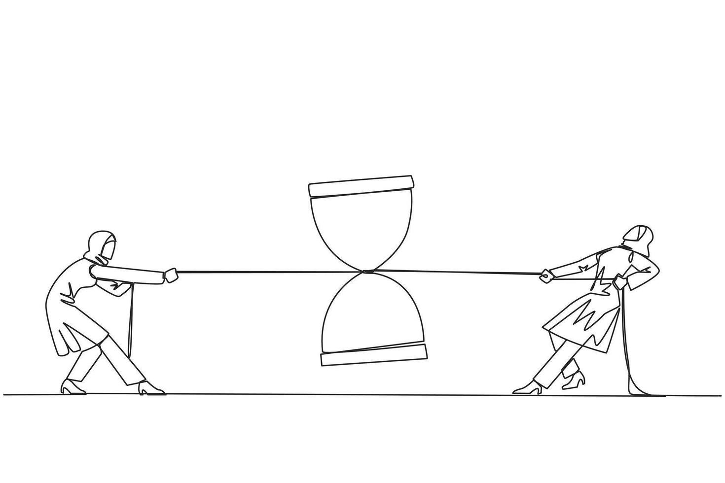 Continuous one line drawing Arabian businesswomen fighting over hourglass. Fierce competition to get additional time for business expansion opportunities. Single line draw design illustration vector