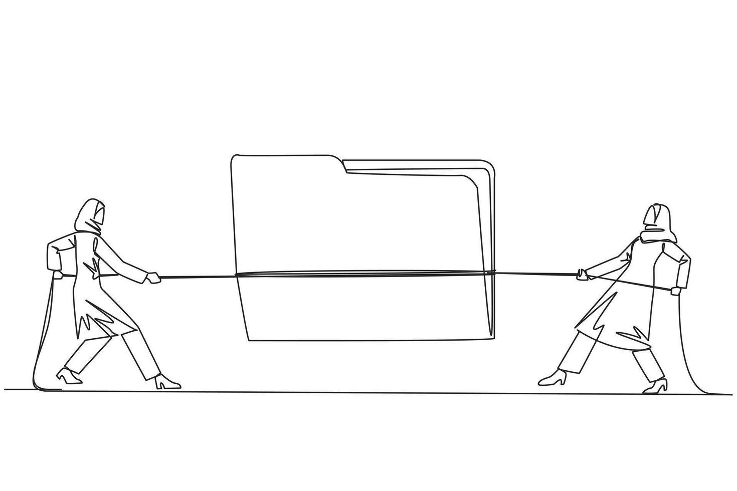 Single continuous line drawing two Arabian businesswomen fighting over document folder. The most important client detail data is up for grabs. Lots of benefits. One line design illustration vector