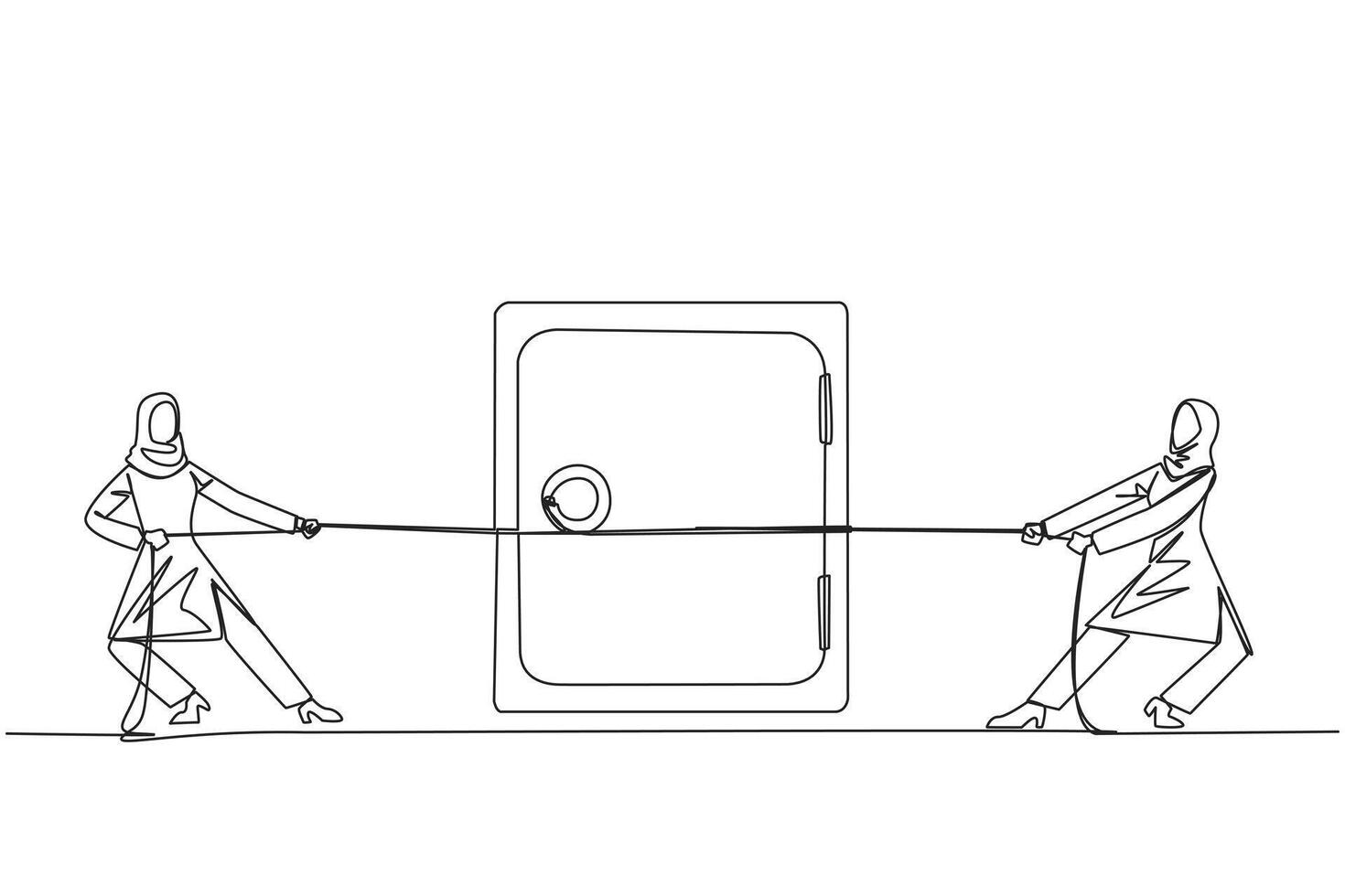 Continuous one line drawing two Arabian businesswomen fighting over a safe deposit box. Fierce battle to obtain business expansion data stored in safes. Single line draw design illustration vector