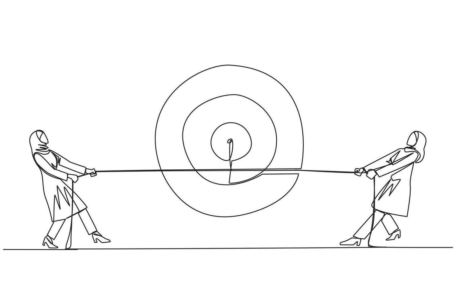 Continuous one line drawing two Arabian businesswomen fighting over arrow target board. Fight to get the desired focus. Struggle to achieve maximum targets. Single line draw design illustration vector
