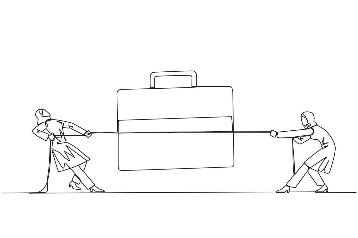 Single one line drawing two Arabian businesswomen fighting over briefcase. Eliminate barriers to business travel. Marketing promotions everywhere. Expand. Continuous line design graphic illustration vector