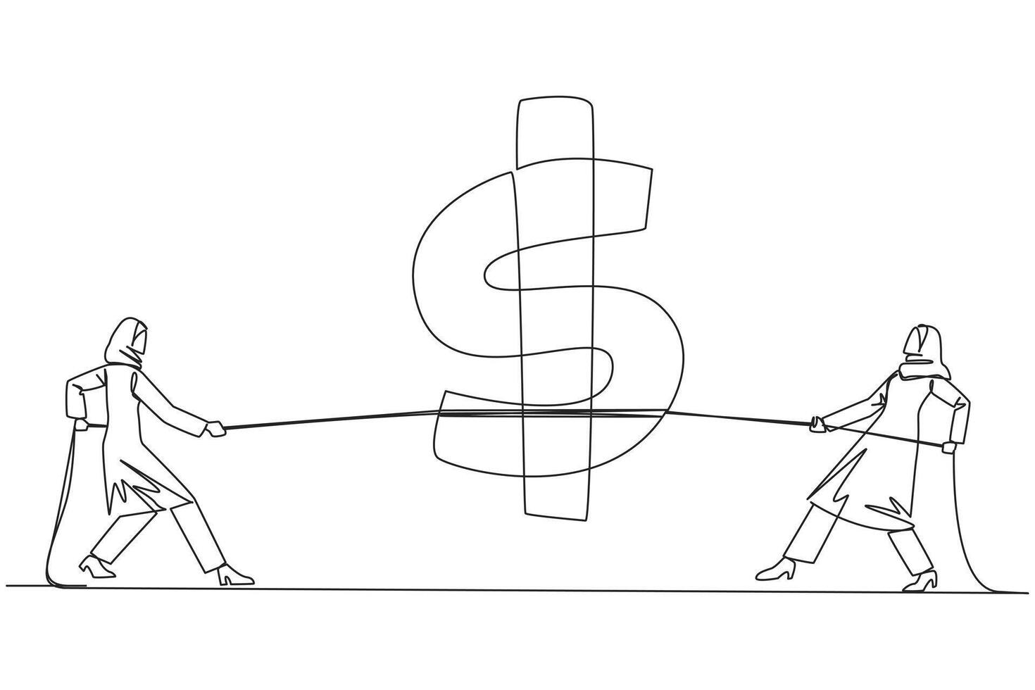 Single one line drawing two Arabian businesswomen fighting over dollar symbol. Fierce battle to get share prices which dropping drastically. Opportunities. Continuous line design graphic illustration vector