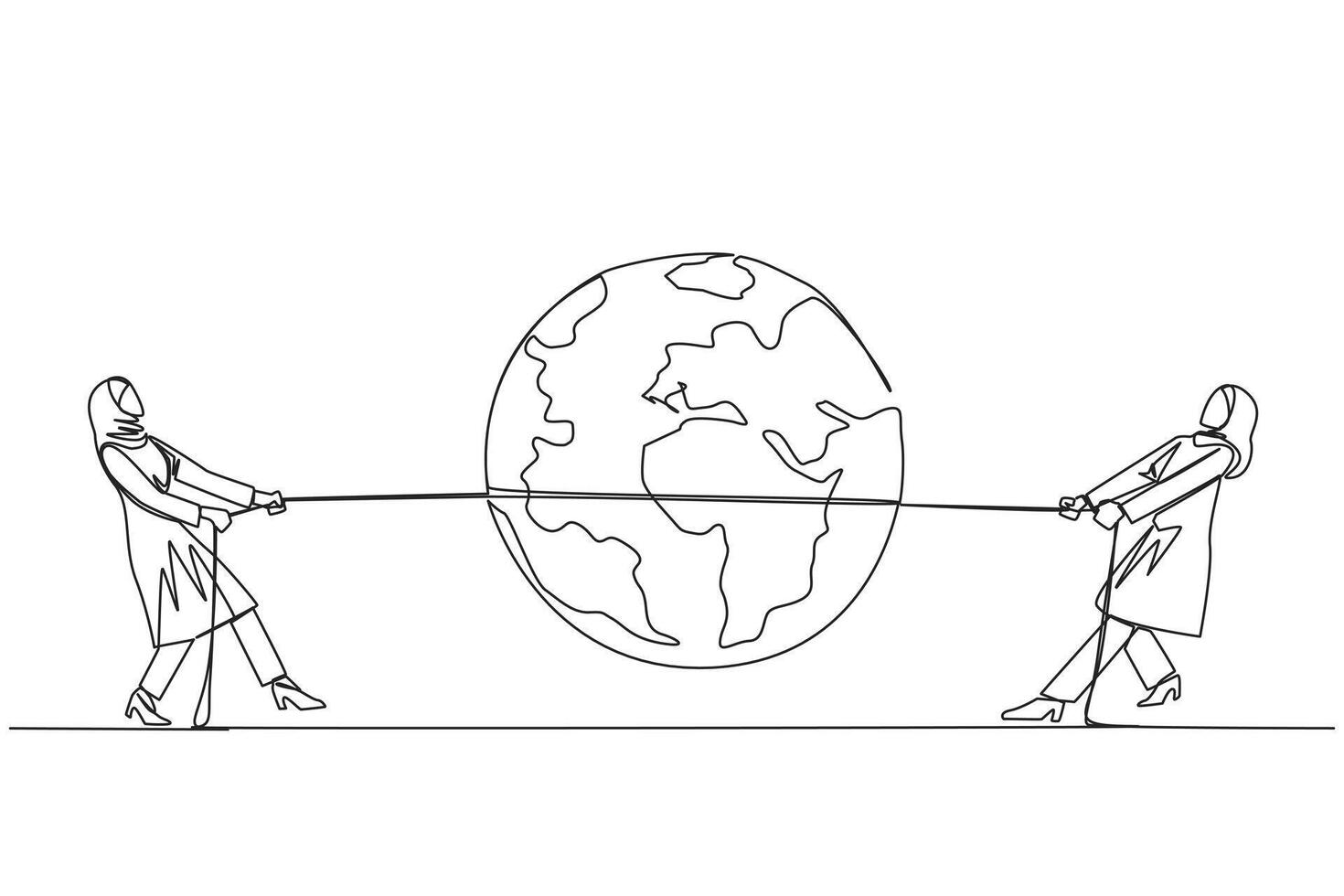 Continuous one line drawing two Arabian businesswomen fighting over globe. Fierce fight for territory. Build a business empire. Get the profit. Work smart. Single line draw design illustration vector