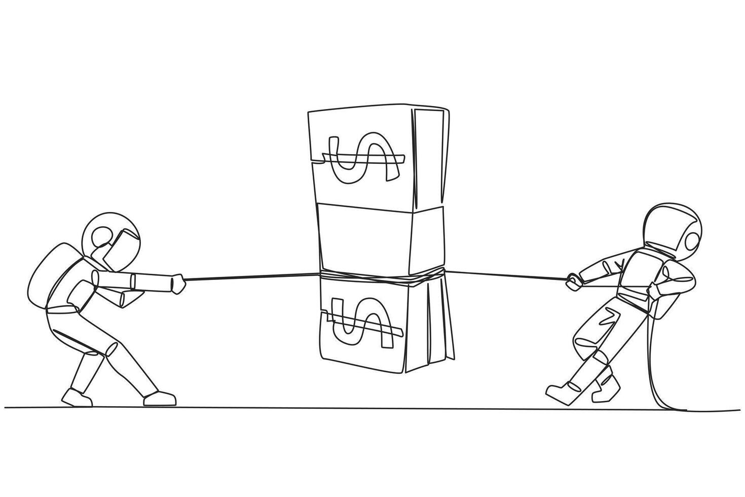Single continuous line drawing two astronauts fighting over banknotes. Fight for a training scholarship for expedition to the moon. Fight for dreams. Outer space. One line design illustration vector