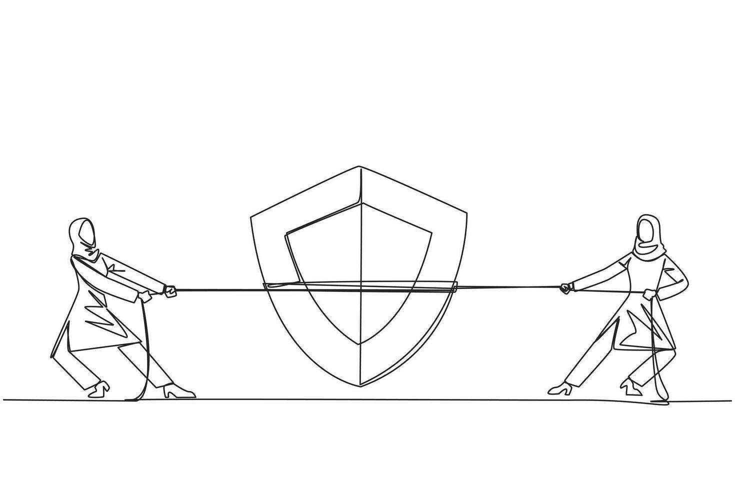 Single one line drawing two Arabian businesswomen fighting over shield. Fierce battle between two competitors to get the protection business. Opportunities. Continuous line design graphic illustration vector