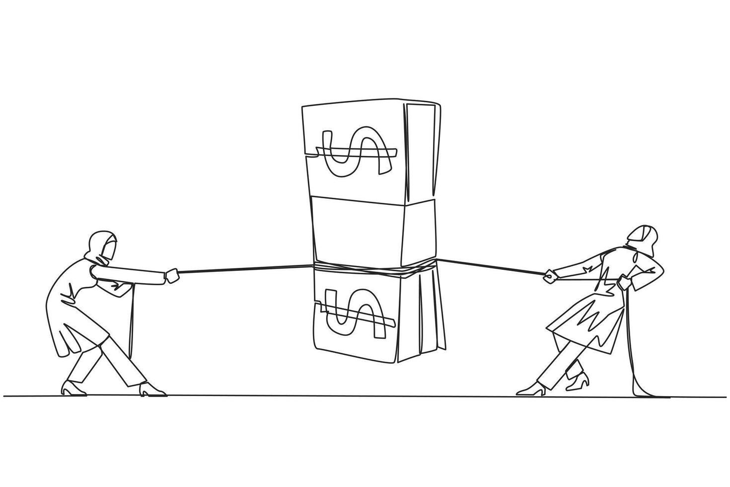 Single one line drawing two Arabian businesswomen fighting over banknotes. Fighting for salary rights. Unjust employers withhold the rights of employees. Continuous line design graphic illustration vector