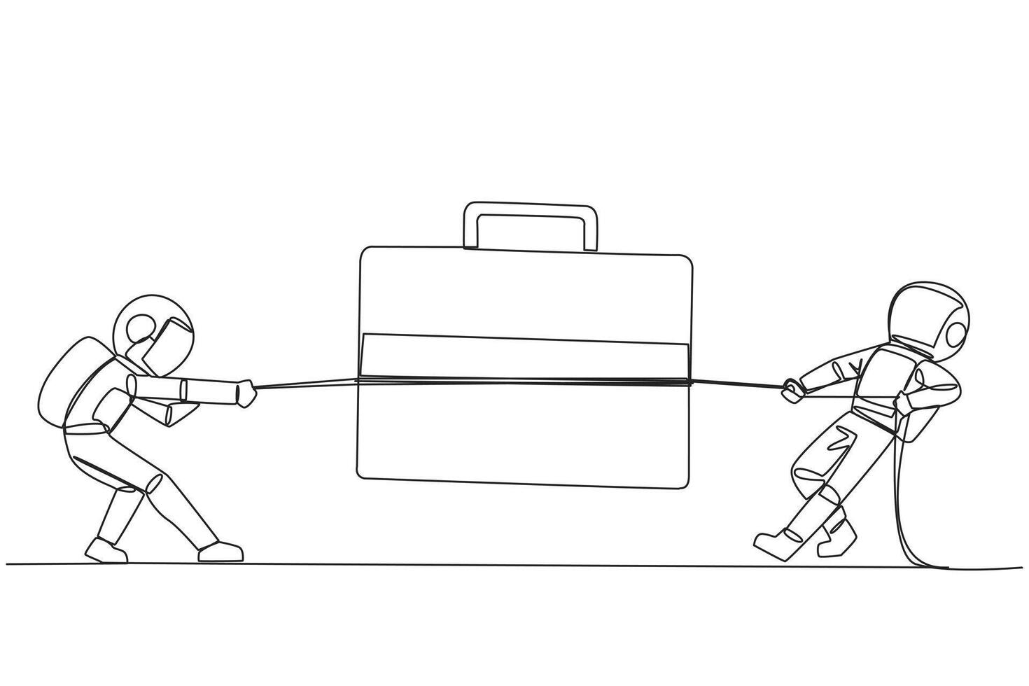 Single one line drawing two astronauts fighting over briefcase. Fighting for quotas for expedition trips to the moon. Cosmonaut deep space. Explore outer space. Continuous line graphic illustration vector