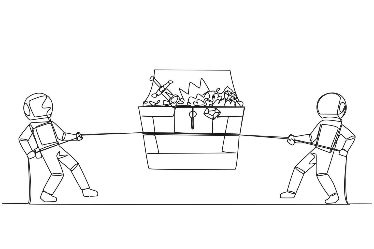 Single one line drawing two astronauts fight over an open treasure chest. Compete for the treasures left behind by the first expedition team on the moon. Continuous line design graphic illustration vector