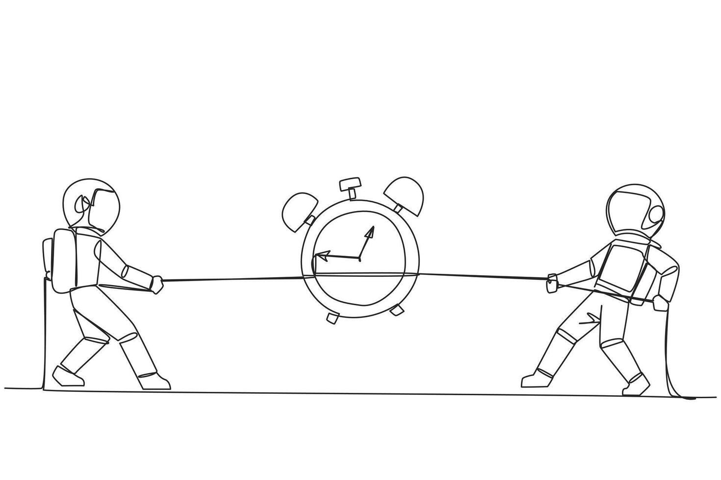 Continuous one line drawing two astronauts fighting over an alarm clock. A fierce battle over the certainty of passing the space expedition exam. Galaxy. Single line draw design illustration vector