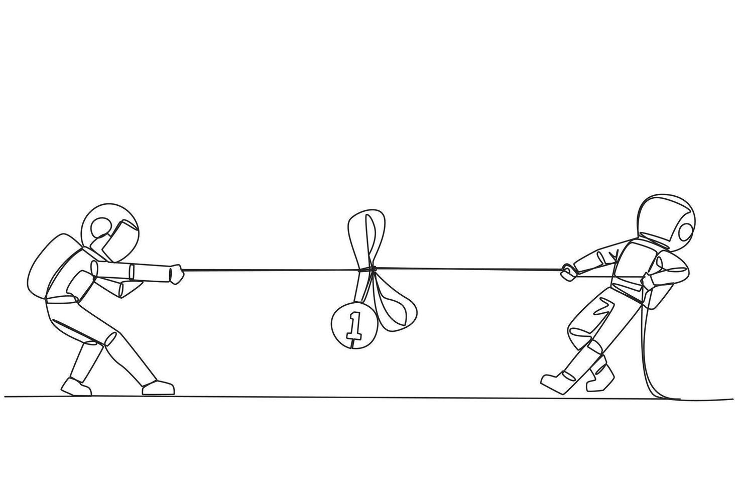 Single continuous line drawing two astronauts fighting for medal award. Fierce battles are number one in expedition activities into outer space. Galaxy deep space. One line design illustration vector