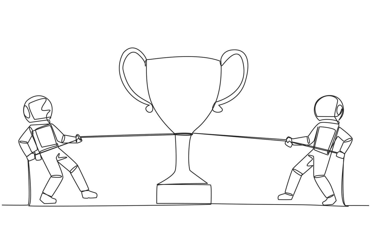 Continuous one line drawing two astronauts fighting for a trophy. Fierce battle to be the first to complete the expedition mission. Heading back to earth. Single line draw design illustration vector