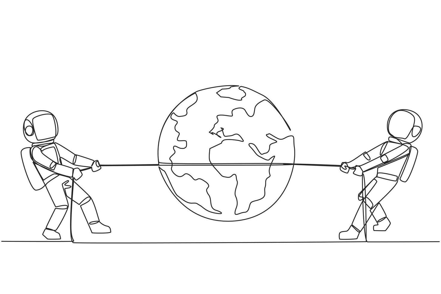 Single one line drawing two astronauts fighting over globe. Tight competition won the schedule for the first return to the earth. Complete expedition tasks. Continuous line design graphic illustration vector