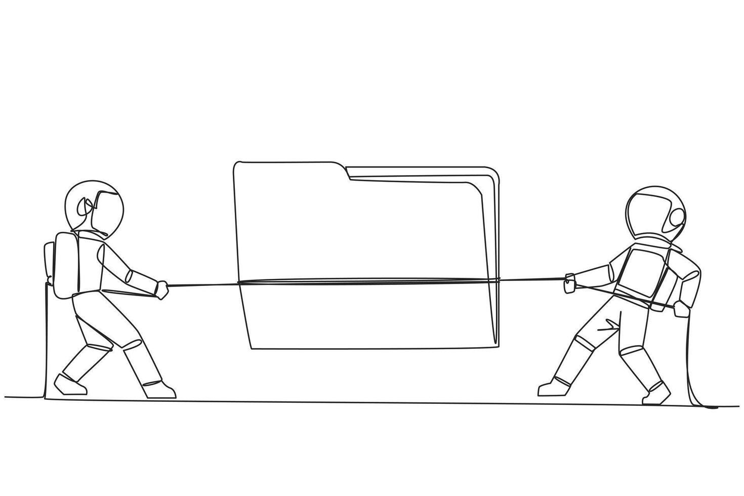 Continuous one line drawing two astronauts fighting over document folder. Competition is fierce to obtain specific information about state of land on Mars. Single line draw design illustration vector