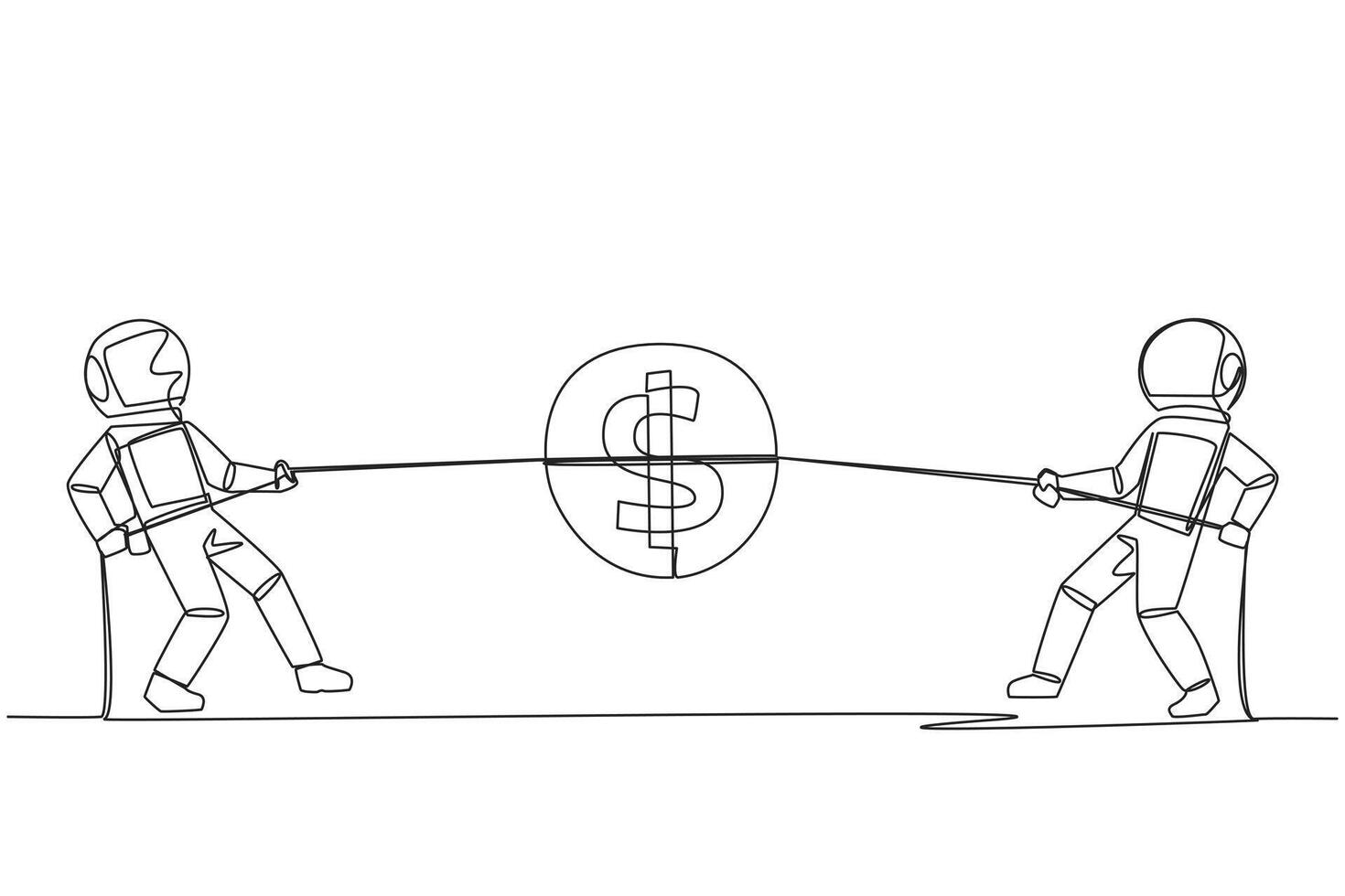 Single continuous line drawing two astronauts fighting over a coin with a dollar symbol. Competition for money. Rare discovery of money on the surface of the moon. One line design illustration vector