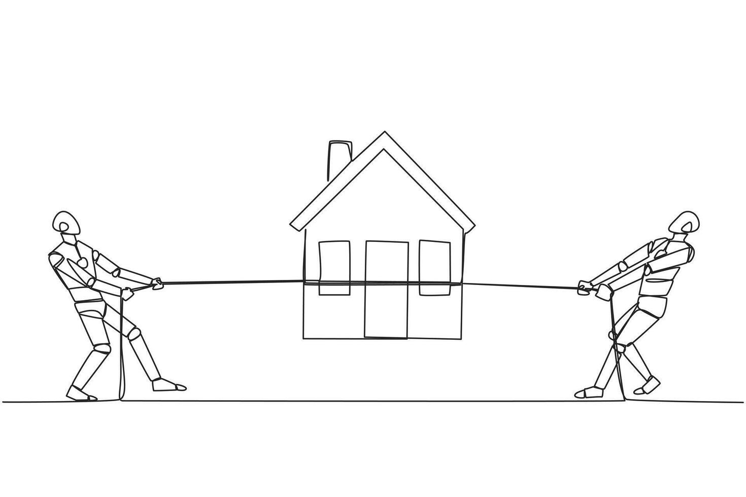 Continuous one line drawing two smart robots fight over a miniature house. Beat each other to get smart home. Complete features. Future robotic development. Single line draw design illustration vector