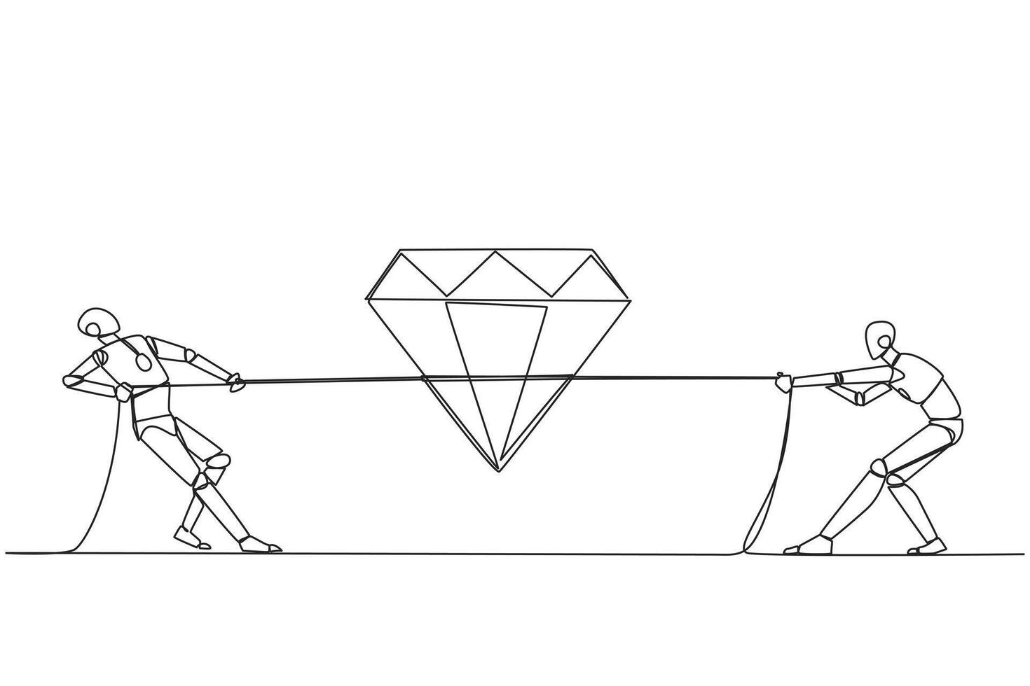 Single one line drawing two smart robots fighting over diamond. Fierce fights over jewelry finds have high resale value. Intelligent. Future technology. Continuous line design graphic illustration vector