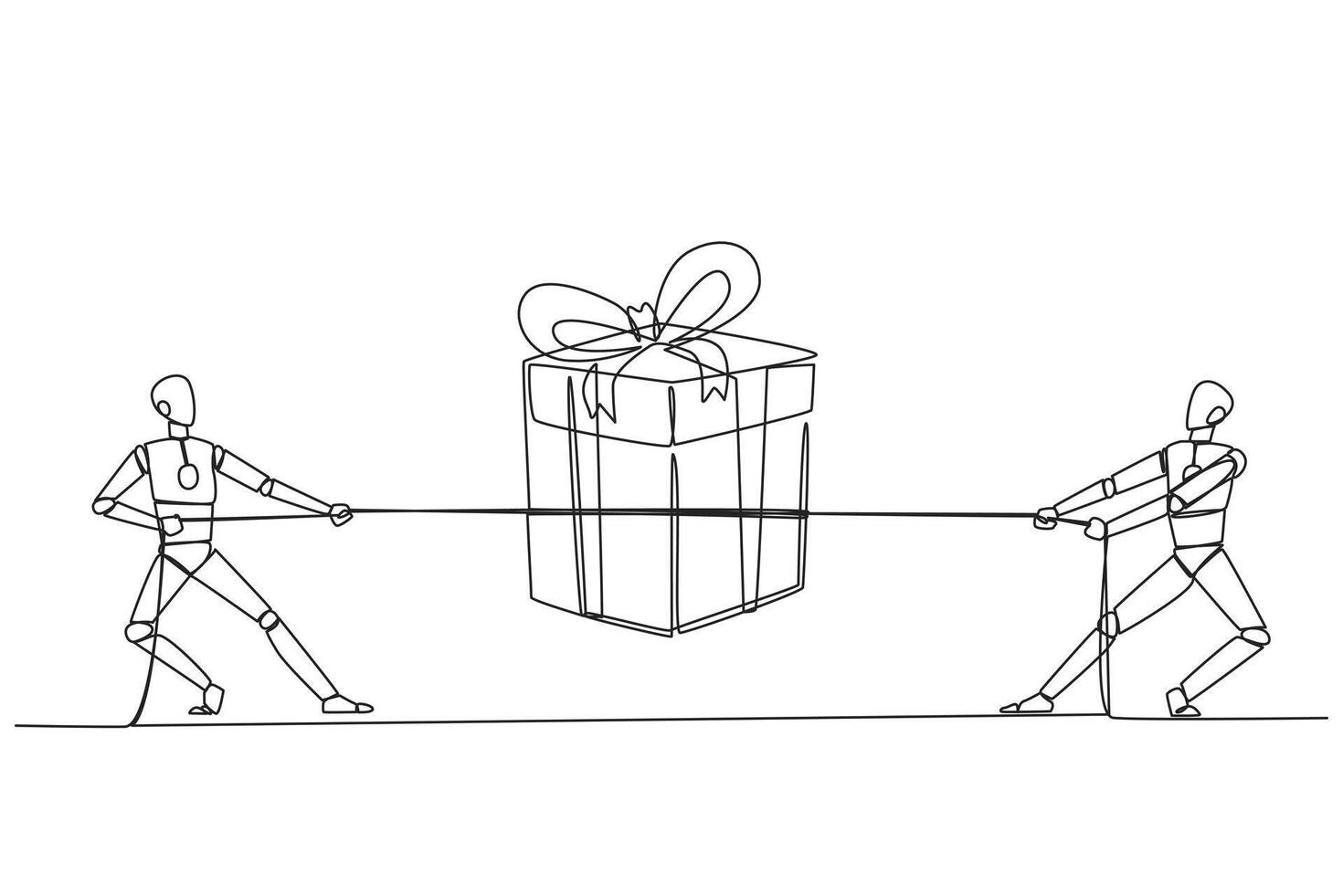 Single one line drawing two robots fighting over a gift box. Fight like a cowboy. Compete with strength and intelligence to win championship prizes. Tech. Continuous line design graphic illustration vector
