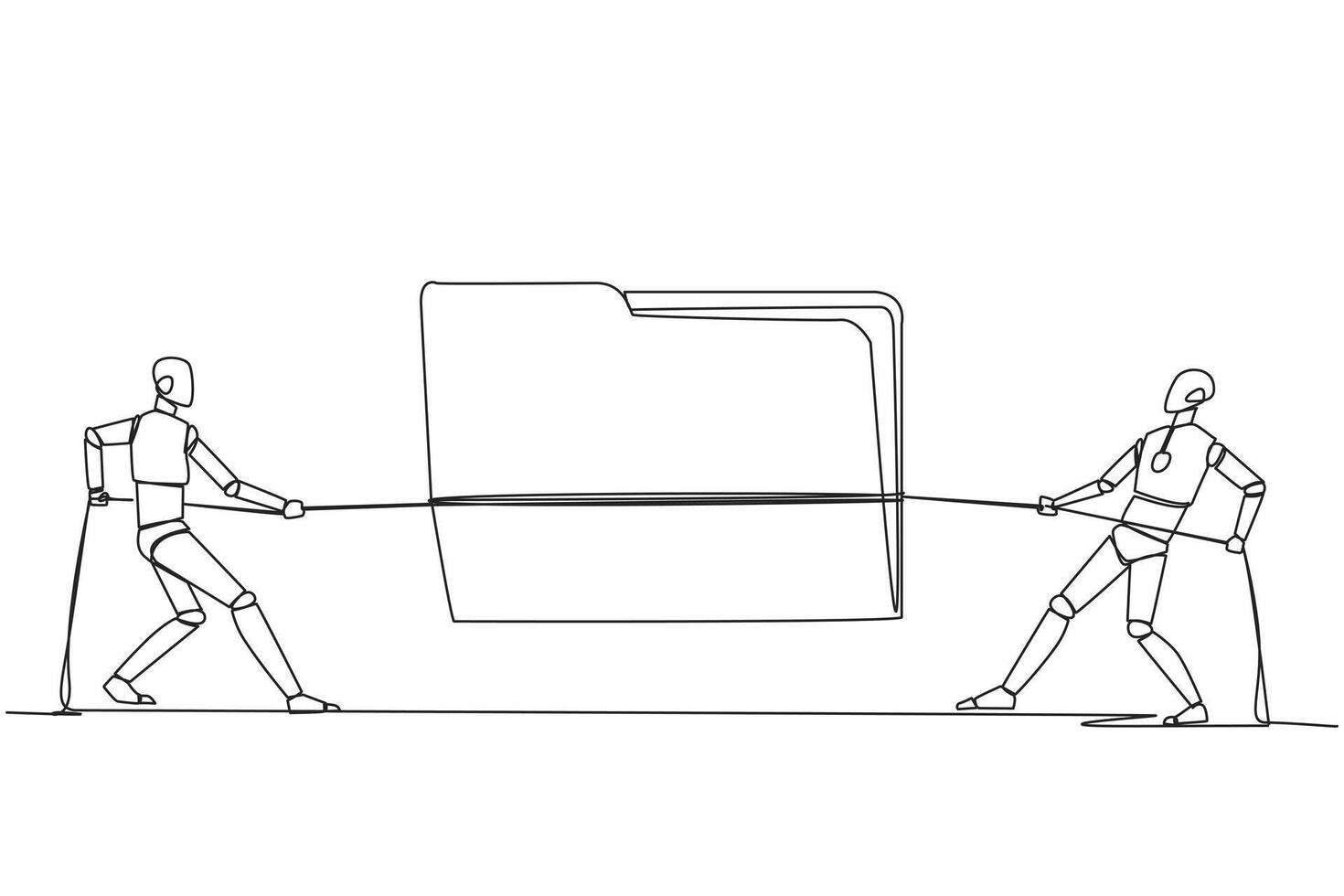 Continuous one line drawing two smart robots fighting over document folder. Fierce battles to scan files suspected of being compromised by viruses. Secure. Single line draw design illustration vector