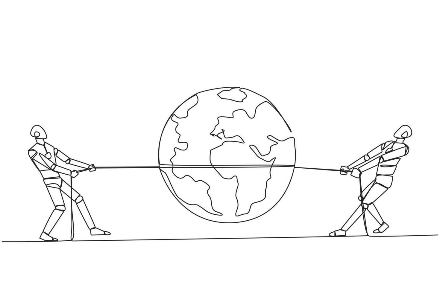 Continuous one line drawing two robots fighting over globe. Fight like a cowboy. Competition to explore the digital world through AI. Future technology. Single line draw design illustration vector