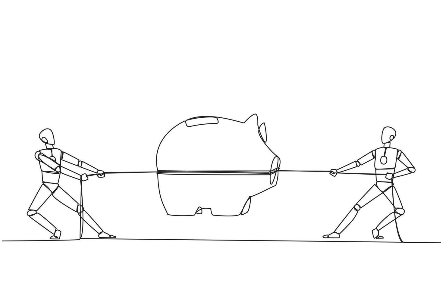 Continuous one line drawing two robots fighting over a piggy bank. Competition is fierce to be able to carry out advanced artificial intelligence. Future. Single line draw design illustration vector