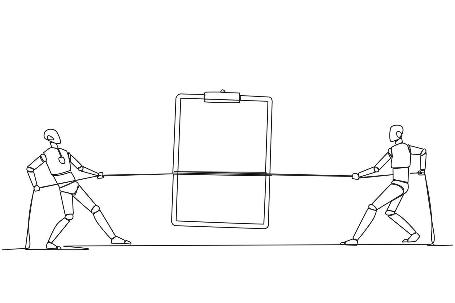 Single continuous line drawing two smart robots fighting over a clipboard. Battle like a cowboy. Compete to write a list of robot development needs. Future tech. One line design illustration vector