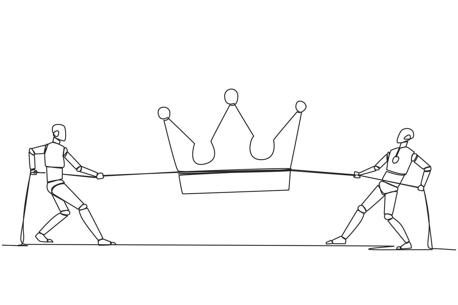 Single one line drawing two robots fight for the crown. Competition to become the greatest robot ever. Artificial intelligence. Future tech development. Continuous line design graphic illustration vector