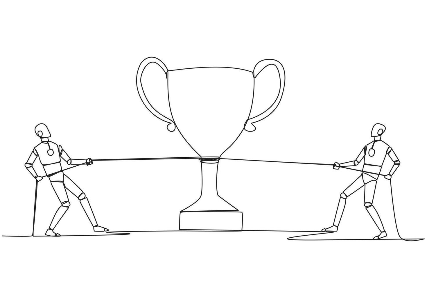 Continuous one line drawing two robots fighting for a trophy. Artificial intelligence makes competition increasingly fierce. Future technology development. Single line draw design illustration vector