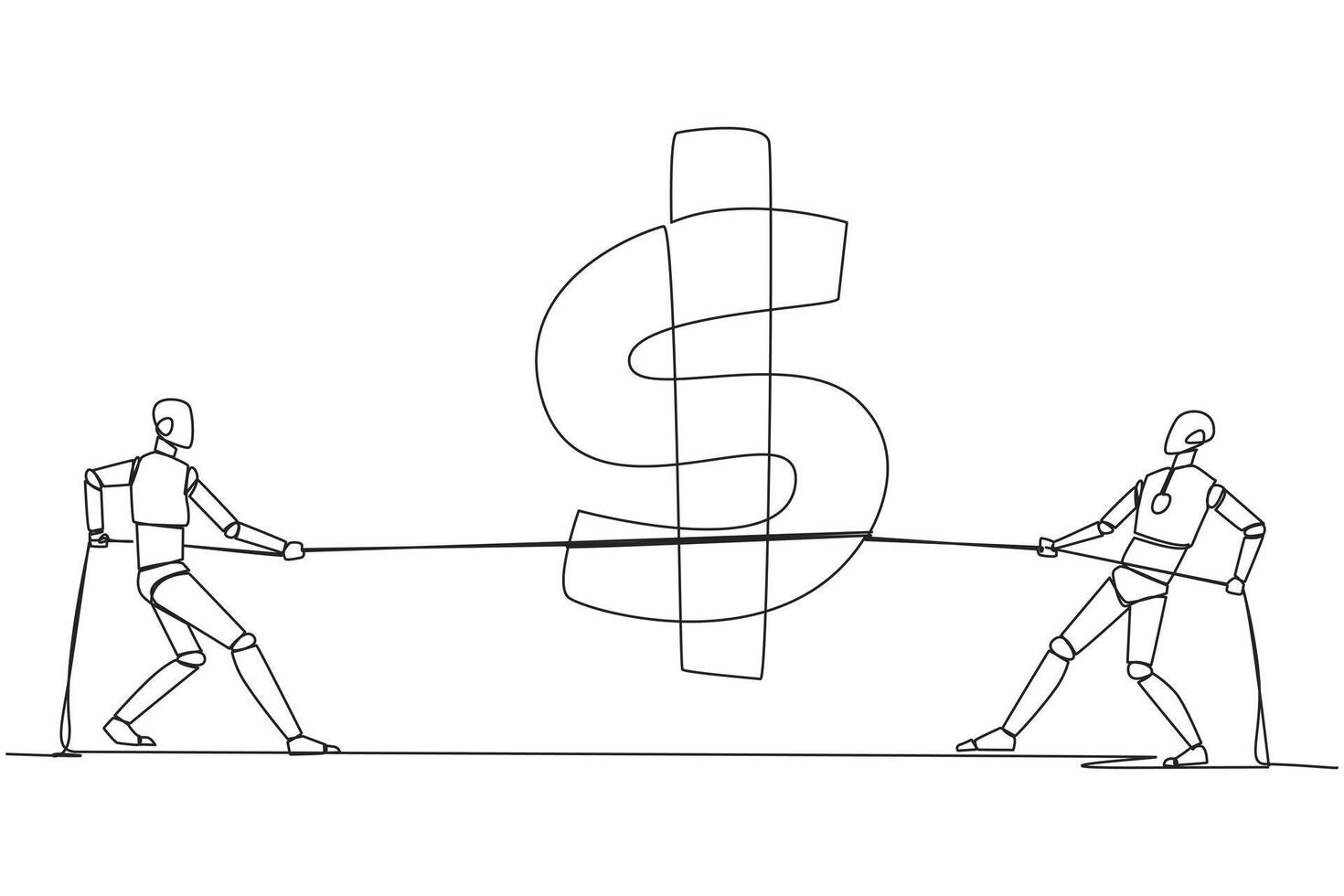 Single one line drawing two robots fighting over dollar symbol. Fighting for profit. Keeping share value high. Future technology development concept. AI. Continuous line design graphic illustration vector