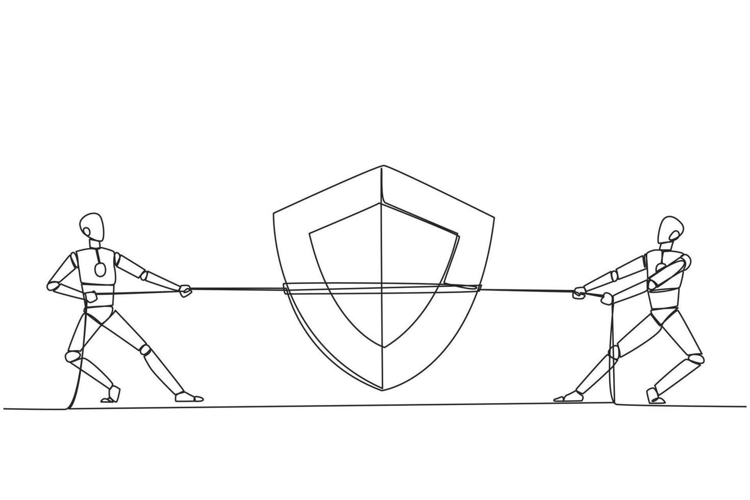 Continuous one line drawing two robots fighting over shield. Competition trains the level of awareness of intruders. Able to protect with intelligence. Single line draw design illustration vector