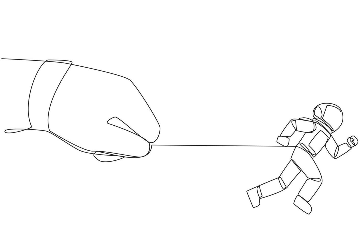 Continuous one line drawing astronaut run but stomach is tied. Small mistakes made when space expeditions. Can't escape. Must be responsible for everything. Single line draw design illustration vector